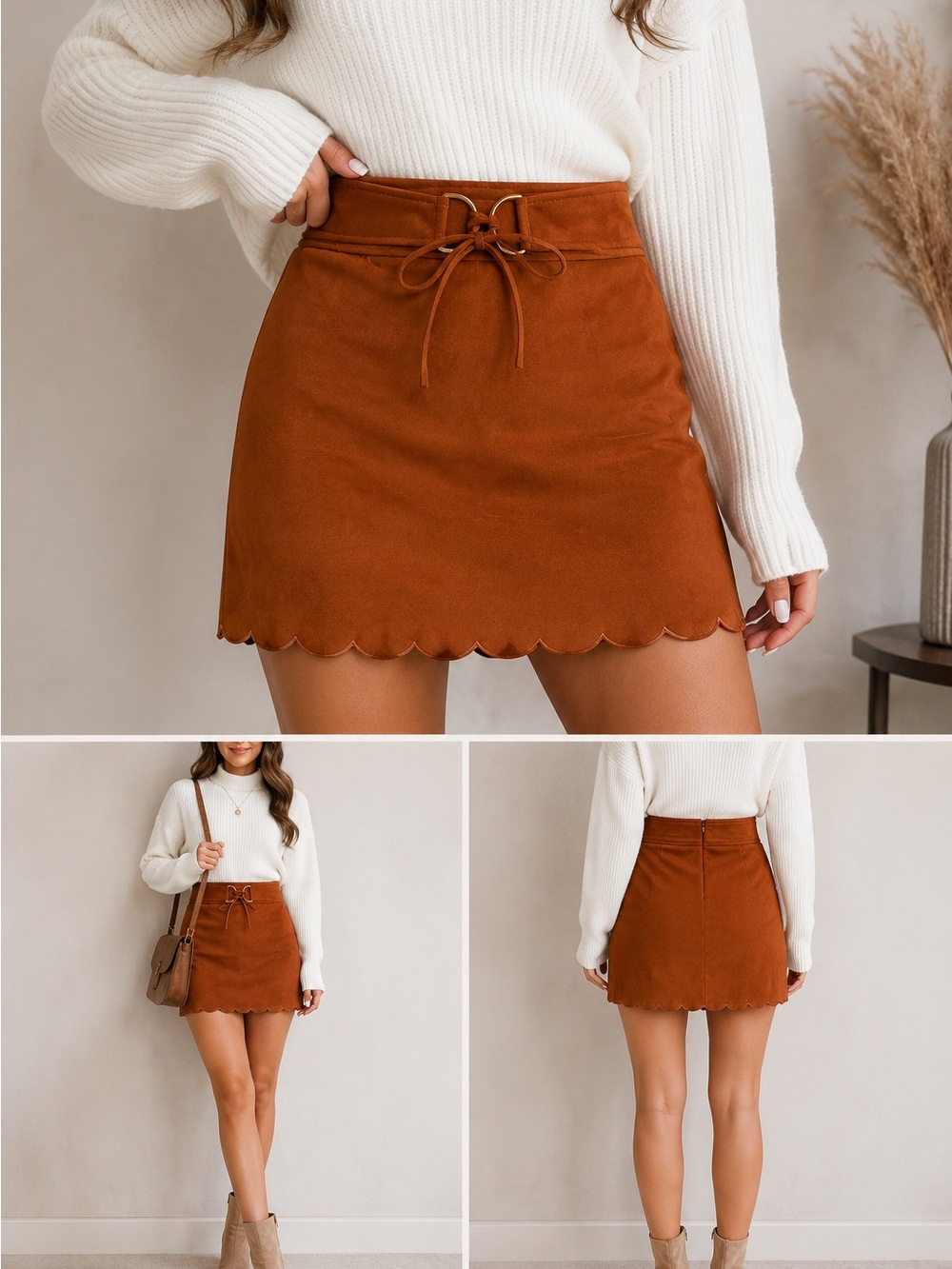 Francesca's Collections Rust Scallop-Hem Lace-Up Suede Mini Skirt Size M.